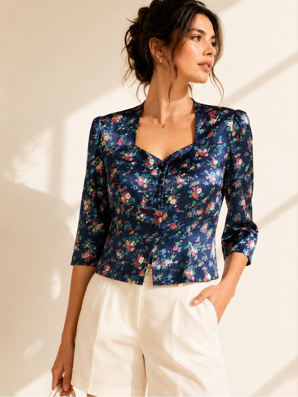 Oscar de la Renta Vintage Floral Satin Coquette Blouse Pearly Iridescent Sz 8